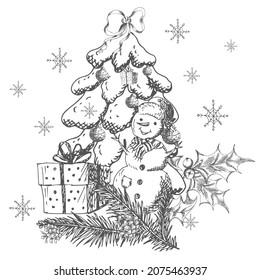 Navidad, composición de Año Nuevo. Ilustración vectorial, esbozo, dibujo.