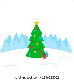 Christmas and New Year concept. Christmas background with decorated tree and gift boxes. Vector illustration on the white background.