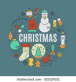Christmas and New Year concept for banners, flyers, invitation and congratulation cards. Different winter symbols including ginger man, snowman, candy, star.