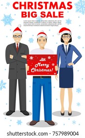 Christmas and New Year concept. Detailed illustration of salesman hold the box in hands, businesswoman and businessman standing together. People in the Santa Claus hat. Vector illustration.