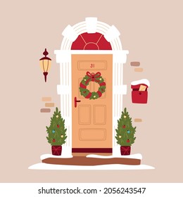 Christmas and New Year concept. Entrance door decorated for Christmas. Traditional Christmas home decoration, fir trees, lantern and mailbox. Vector illustration