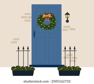 Christmas and New Year concept. Entrance door decorated for Christmas. Traditional Christmas home decoration, fir tree and lantern. Vector illustration