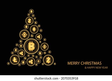 Christmas and New year concept. Golden Christmas tree by shiny cryptocurrency coin on black background.