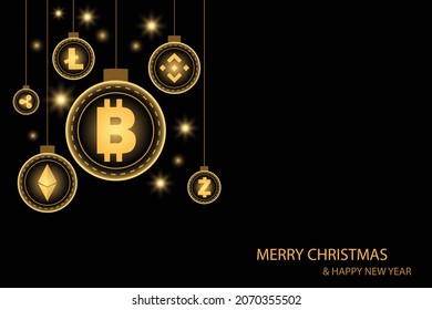 Christmas and New year concept. Golden Christmas ball hanging by shiny cryptocurrency coin on black background. 