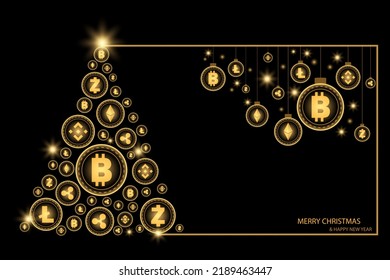 Christmas and New year concept. Golden Christmas tree and bauble ball hanging by shiny cryptocurrency coin on black background.