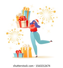 Christmas and New Year concept for greeting card with woman that holding girfts. Vector illustration on celebration, party, winter holidays theme for postcard, poster, invitation cards.