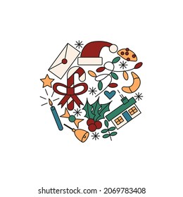 christmas and new year concept. hand drawn doodle element for christmas in circle shape. santa hat, cookie, candy cane with ribbon, bell, mistletoe. isolated vector illustration on white background