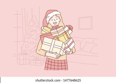 Christmas or New year concept. Happy young Santa girl or woman in a Santa hat keeps boxes of gifts at home. Simple flat vector.