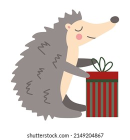 Christmas and New Year concept with hedgehog and gift box. Hand drawing style. Drawing element. Flat vector illustration