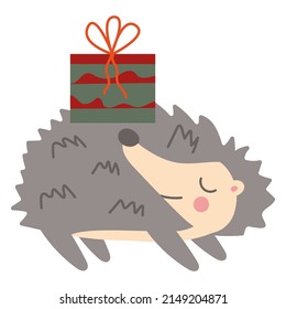 Christmas and New Year concept with hedgehog and gift box. Hand drawing style. Drawing element. Flat vector illustration