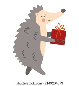 Christmas and New Year concept with hedgehog and gift box. Hand drawing style. Drawing element. Flat vector illustration