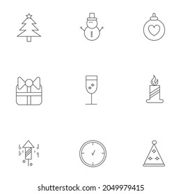 Christmas and New year concept. Line icon set including editable strokes of Christmas tree, snowman, Christmas tree bauble, gift box, glass of champagne, candle with flame, clock and hat 