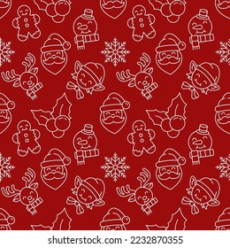 Christmas and New Year concept. Seamless pattern of Santa Claus, ginger man, snow, deer, snowman. Perfect for wrapping, postcards, covers, fabric, textile