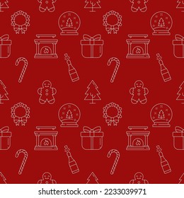 Christmas and New Year concept. Seamless pattern of Santa Claus, ginger man, snow, deer, snowman, mistletoe. Perfect for wrapping, postcards, covers, fabric, textile