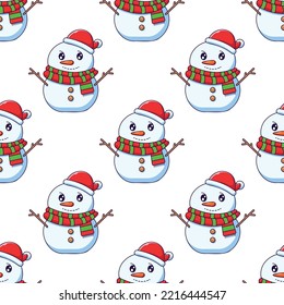 Weihnachten- und Neujahrskonzept. Einfaches Muster eines detaillierten Cartoon-Snowmanns auf   Hintergrund. Perfekt für Webseiten, Wrapper, Geschenkbox, Postkarten 