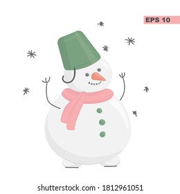 Christmas and New Year concept. Snowman vector illustration isolated on white background. For design, postcards, print.