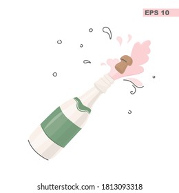 Christmas and New Year concept. Vector illustration of champagne and cork isolated on white background. For design, postcards, print. Opening a bottle of wine.