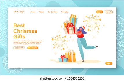 Christmas and New Year concept for web design, banner, mobile app, landing page. Flat cartoon woman character with bright colorful gifts. Fireworks on the background. Girl in Santa Claus hat. 