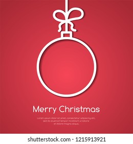 Christmas and New Year congratulation banner with line decorative tree ball with shadow on red background - vector illustration of bubble on ribbon with bow for winter holiday greeting card.