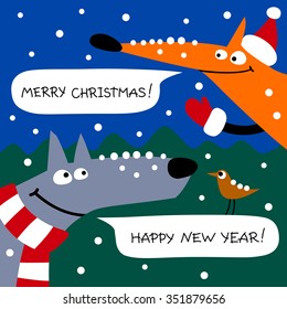 Christmas and new year congratulatory card with fox, wolf and bird.