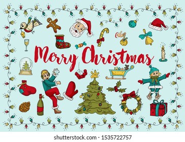 Christmas and new year contour color design icon set for decoration festive elements in the style of childrens Doodle snowman kids Christmas wreath fir balls gifts socks hat vector EPS 10
