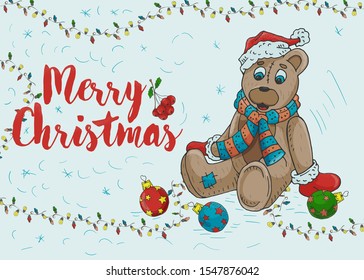Christmas new year contour color design for postcard small Teddy bear toy sits among balls ornaments and garlands childrens Doodle style illustration vector EPS 10