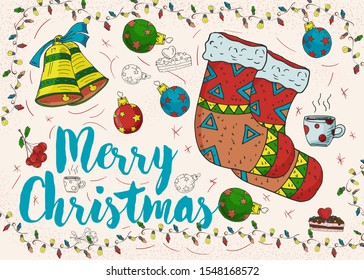 Christmas New year contour color design for decoration greeting cards gift socks and balls toys children illustration Doodle style garland frame vector EPS 10