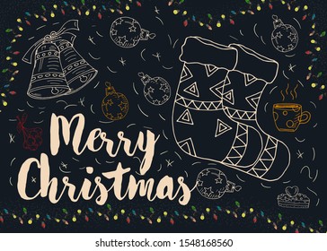 Christmas New year contour non color design for decoration greeting cards gift socks and balls toys children illustration Doodle style garland frame vector EPS 10