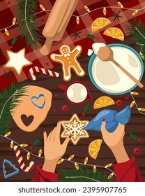 Christmas or New Year cooking vector image. Woman hands icing cookie and gingerbread. Xmas kitchen preparation. Bakery and pastry decoration. Handmade dessert with glaze. Winter holiday and festival