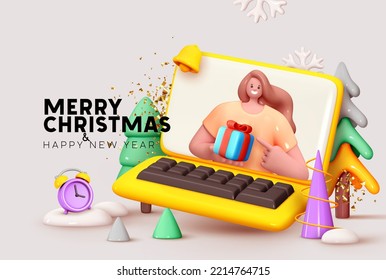 Christmas and new year creative concept design open laptop device on screen cute girl holding gift box. Realistic 3d winter background design with green Christmas trees in snow. Vector illustration