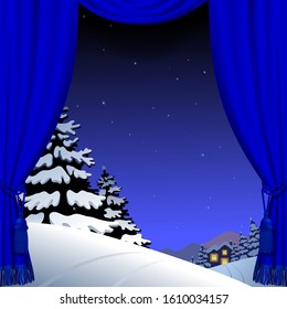 Christmas and New Year curtain over the night winter landscape with a spruce forest in snow under starry sky. Square theater and Christmas background. Artistic poster. Vector illustration