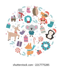 Christmas and New Year cute animals and seasonal elements in round shape. Festive concept with Christmas characters