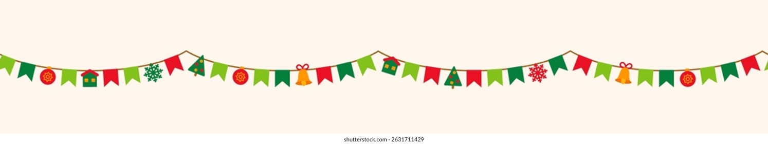 Christmas and New year cute bunting flag garland isolated on white background. Vector illustration. Seamless holiday banner, green red fiesta border. Cute Xmas icons, winter funfair carnival poster