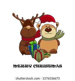 Christmas and New Year cute characters. Vector illustration of reindeer and Teddy bear in a red scarf and with a gifts. Greeting card.