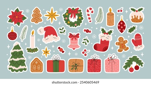 Christmas and New Year cute doodle elements. Set hand drawn of traditional winter decorations and icon. Christmas tree, gift boxes, wreath, bell, holly, candles, gingerbread. Vector flat illustration.