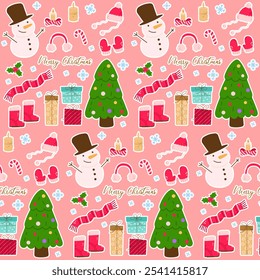 Christmas and new year cute doodle elements. Set hand drawn traditional winter decorations and icons. Christmas tree, gift boxes, wreath, bell, holly, candles, gingerbread. Vector flat illustration.