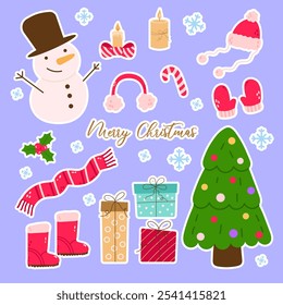 Christmas and new year cute doodle elements. Set hand drawn traditional winter decorations and icons. Christmas tree, gift boxes, wreath, bell, holly, candles, gingerbread. Vector flat illustration.