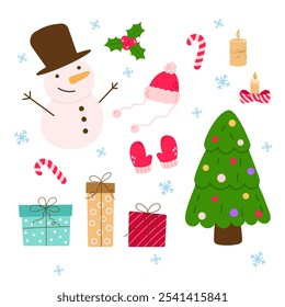 Christmas and new year cute doodle elements. Set hand drawn traditional winter decorations and icons. Christmas tree, gift boxes, wreath, bell, holly, candles, gingerbread. Vector flat illustration.