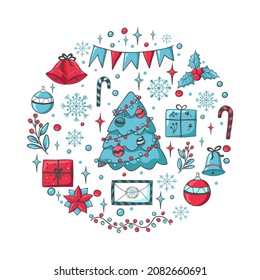 Christmas and New Year cute elements in circular shape. Holiday decoration elements for design, greeting card, posters, postcard. Trendy elements in doodle style isolated on white background