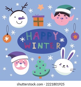 Christmas, New Year cute elemets set patches of Santa Claus, rabbit, elf and snowman head,candy, gift, ball, Christmas tree on blue background. Vector illustration. EPS