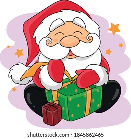 Christmas and new year cute funny cartoon character Santa Claus with gift boxes and colored ribbons. Vector illustration. For Christmas cards and children's prints, tags, labels, gingerbread and more.