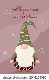 Christmas and New Year cute greeting card. Funny cartoon  gnome with beard in green cap. Flat  vector illustration