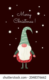 Christmas and New Year cute greeting card. Funny scandinavian nordic gnome. Flat cartoon vector illustration