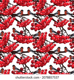 Christmas new year cute greeting card. the concept of preparing for the new year. image of a bullfinch bird on the branches of winter berries - ashberry. Home comfort. Greeting poster template