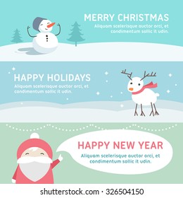 Christmas and New Year Cute Hand Drawn Vector Decorative Design Elements with Cartoon Characters. Vector Template for Greeting Postcard or Promotional Web Banner