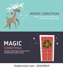 Christmas and New Year Cute Hand Drawn Vector Decorative Design Elements with Cartoon Characters. Vector Template for Greeting Postcard or Promotional Web Banner