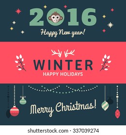 Christmas and New Year Cute Hand Drawn Vector Decorative Design Elements. Vector Template for Greeting Postcard or Promotional Web Banner