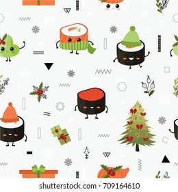 Christmas and New Year. Cute sushi characters. Holiday asian food.Vector seamless pattern with trendy geometric elements. All elements are hidden under mask. Pattern are not cropped and can be edited.