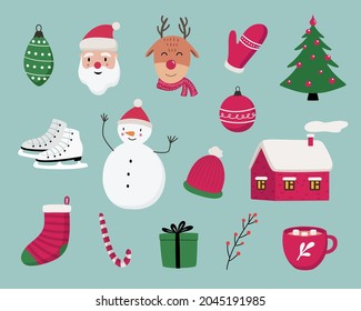 Christmas and New Year cute symbols set. Santa Claus, reindeer, candy, gift, glove, house, decoration ball, Christmas tree, snowman, hot chocolate, stocking etc. Vector illustration