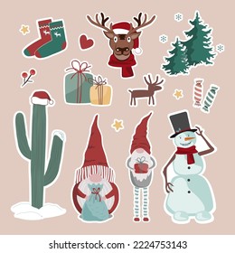 Christmas, New Year cute symbols sticker set. Santa Deer, snowman, decorated cactus, gnome, Xmas socks, gift boxes, floral elements. Vector isolated illustrations.